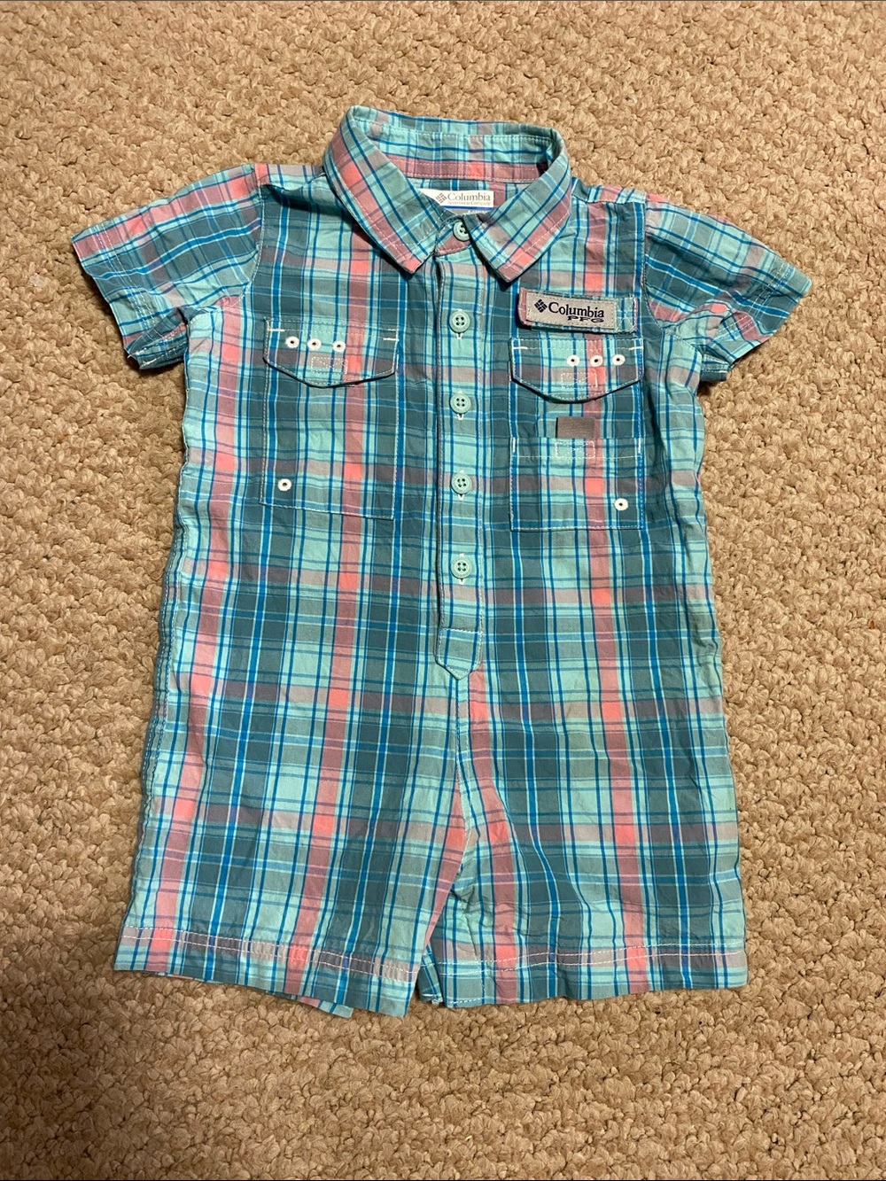Columbia baby boys sz 6 - 12 mo teal & Coral Plaid Short Sleeve one pc Romper